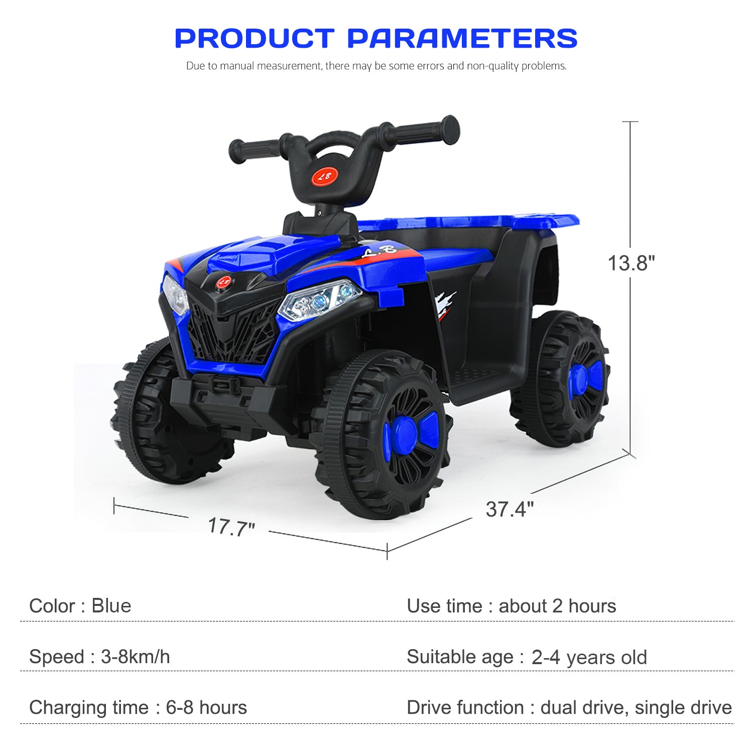 4-Wheeler Quad Powered, 6V Kids Ride-On Electric ATV, Ride-On with Music & LED Lights, Blue