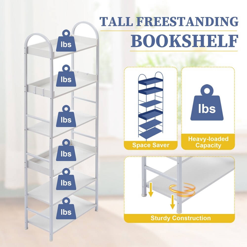 70.8 Inch Tall Bookshelf  MDF Boards 6 tier Shelves with Round Top Frame Adjustable Foot Pads