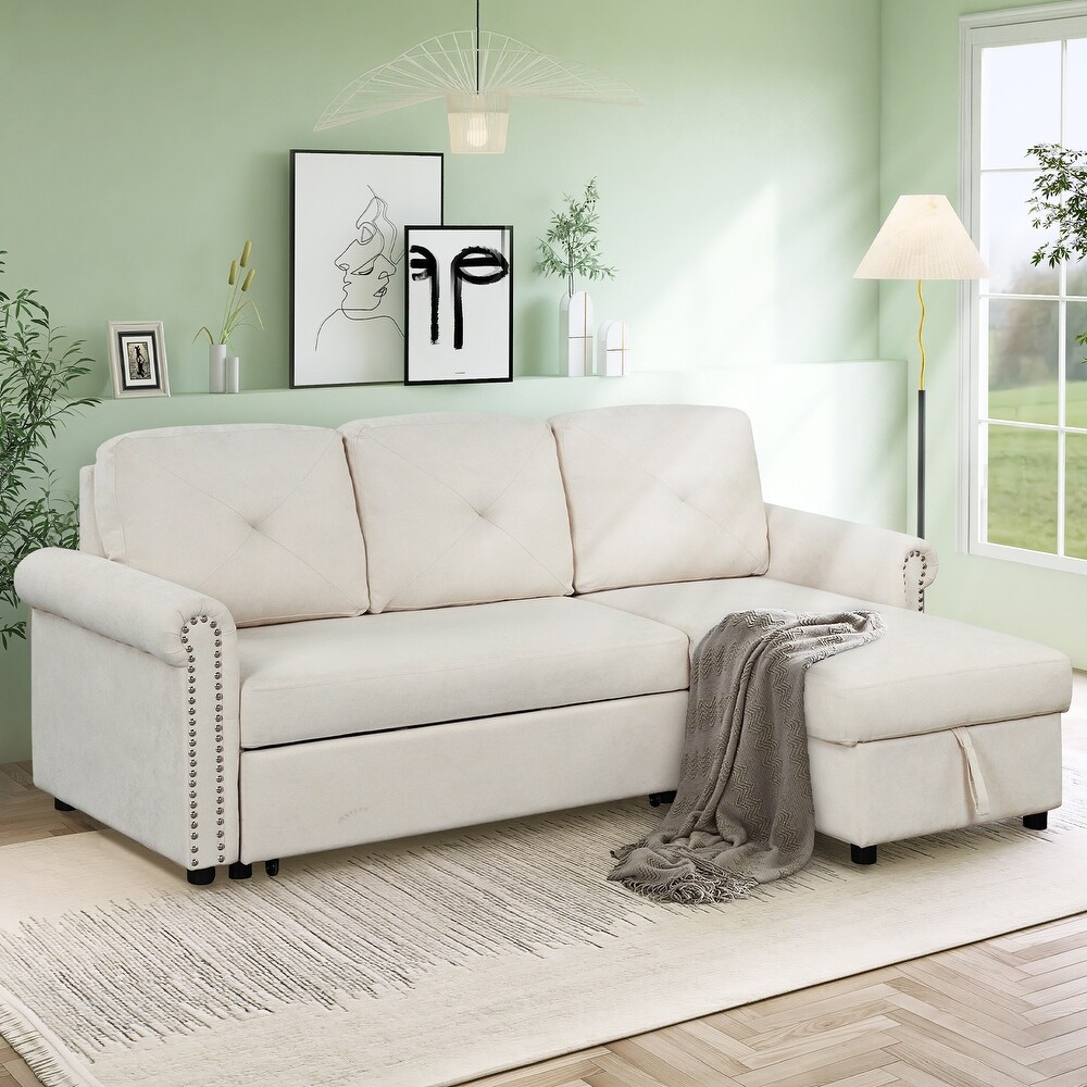 Beige Convertible Sleeper Sofa Bed with Storage Chaise Sleeper Bench