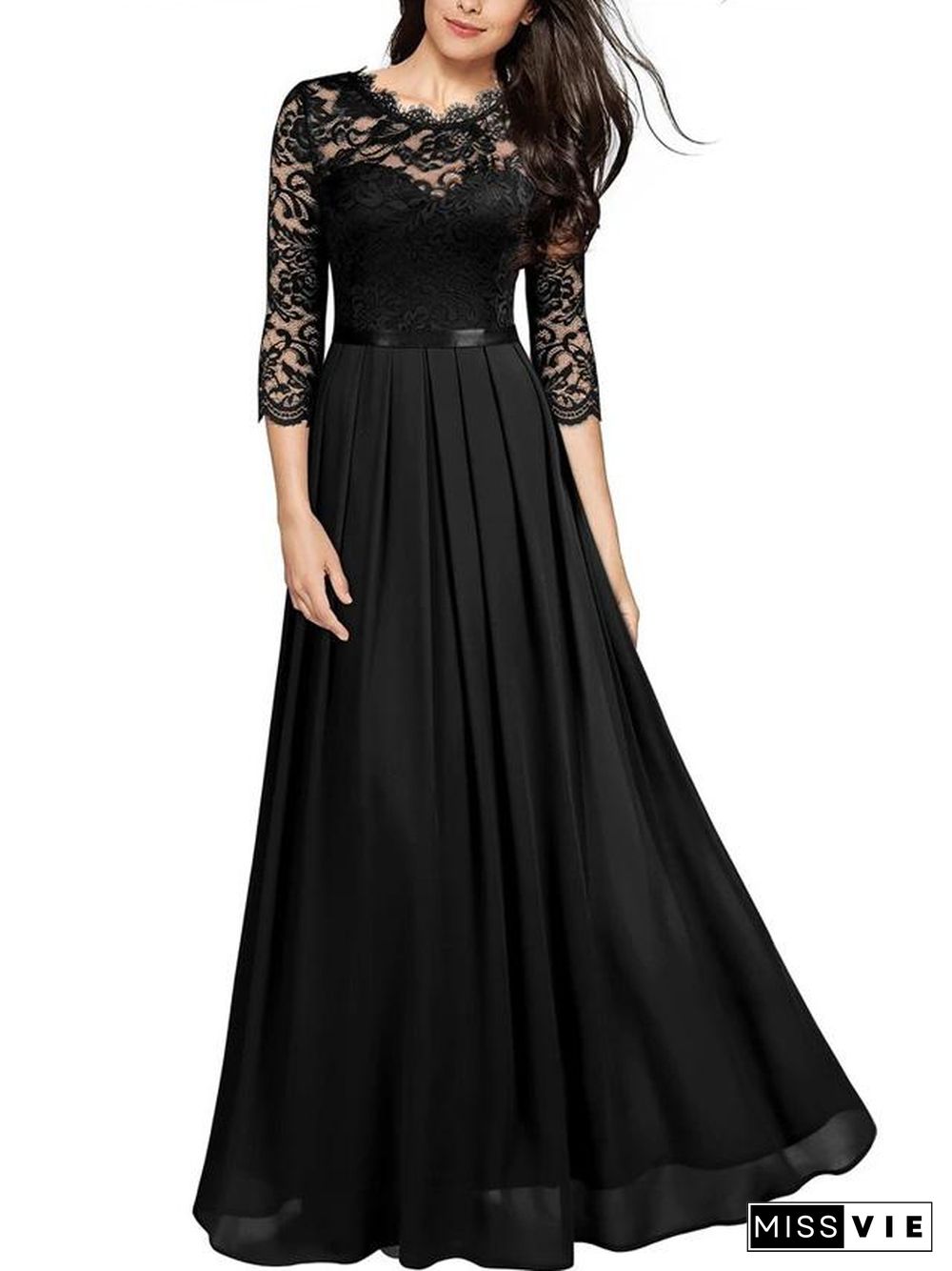 Medium-long Sleeve Chiffon Dress Round Neck Stitching Lace Dress Evening Dress Black Dresses