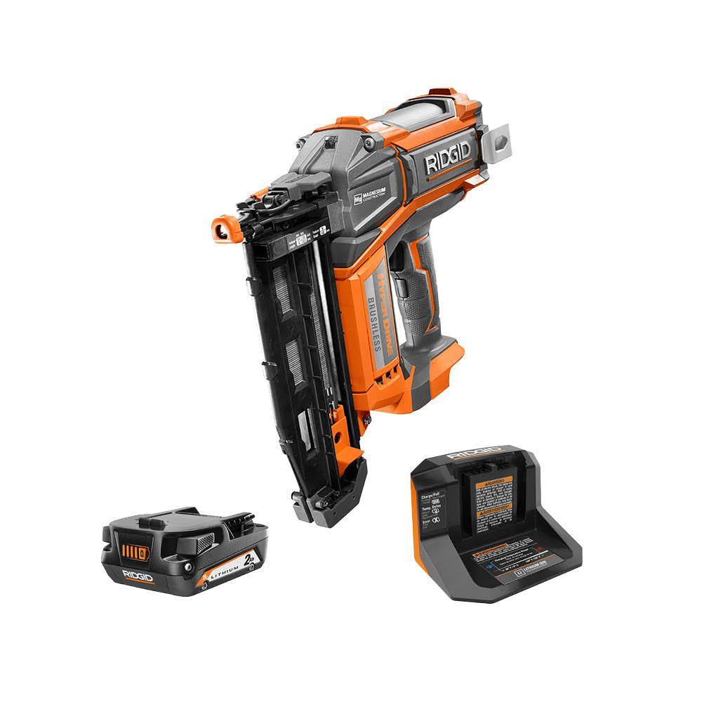 RIDGID 18V Brushless Cordless 16-Gauge 2-12 in. Straight Finish Nailer Kit with 18V Lithium-Ion 2.0 Ah Battery and 18V Charger R09892B-AC9302