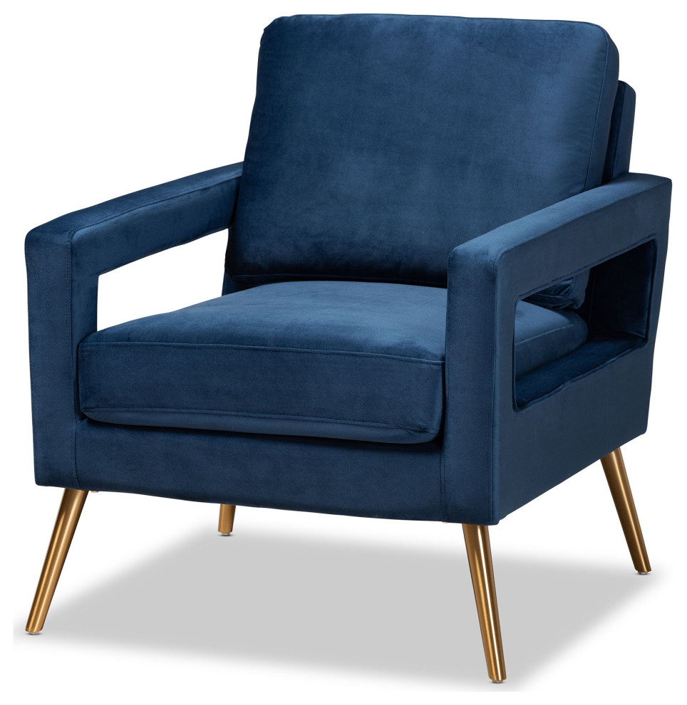 Contemporary Armchair  Angled Golden Legs  Navy Blue Velvet Seat With Open Arms   Contemporary   Armchairs And Accent Chairs   by Declusia  Houzz