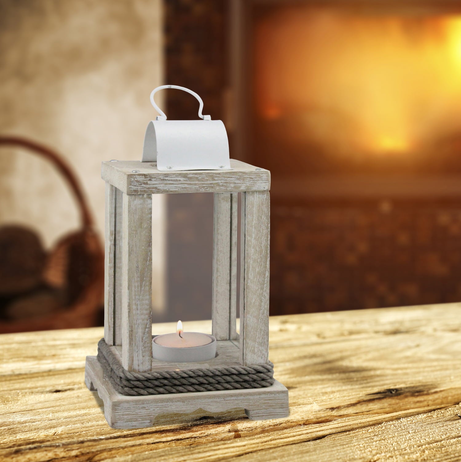 Stonebriar Decorative White Wood and Metal Lantern， Tealight Candle Holder