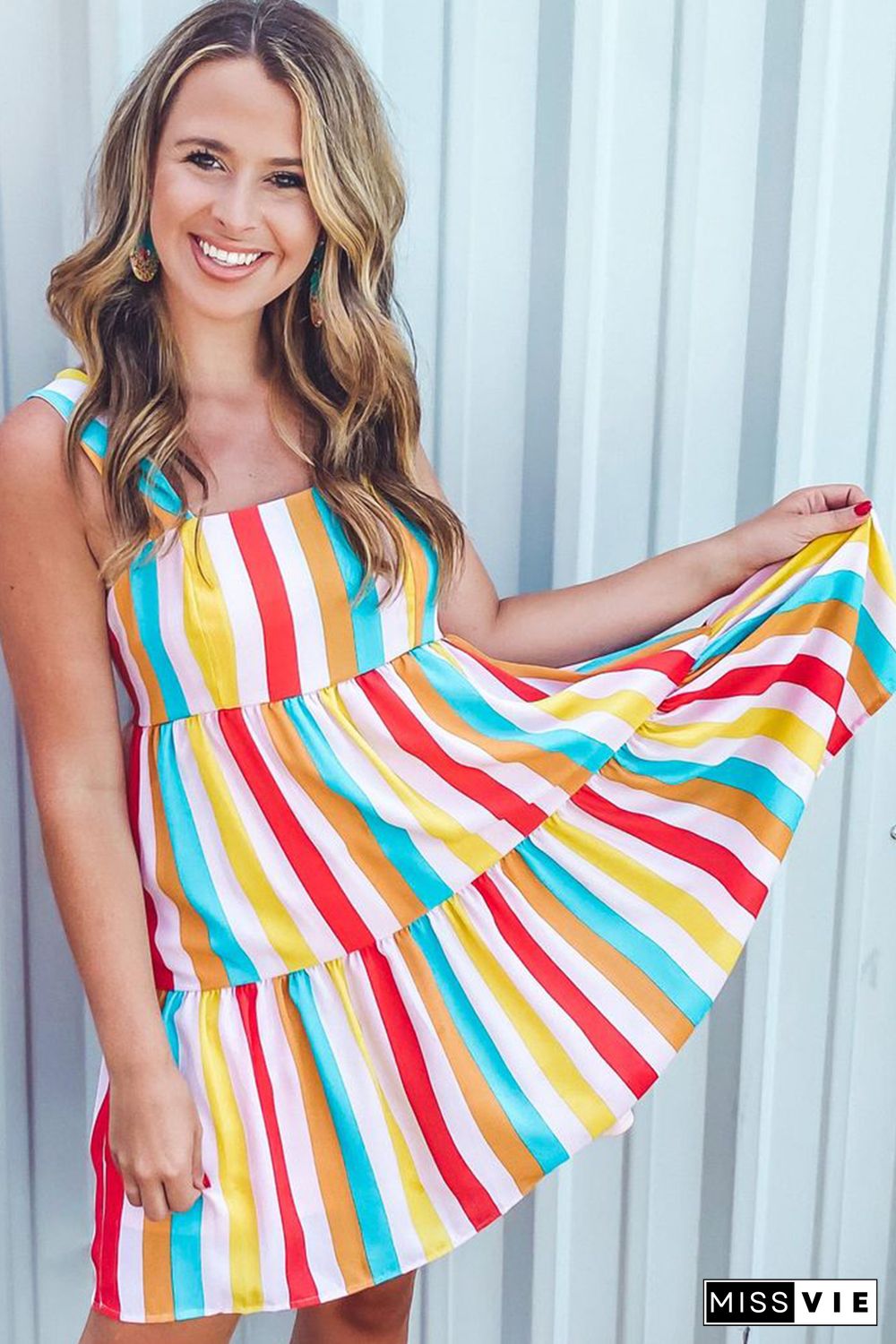 Multicolor Rainbow Stripe Print Tiered Sundress