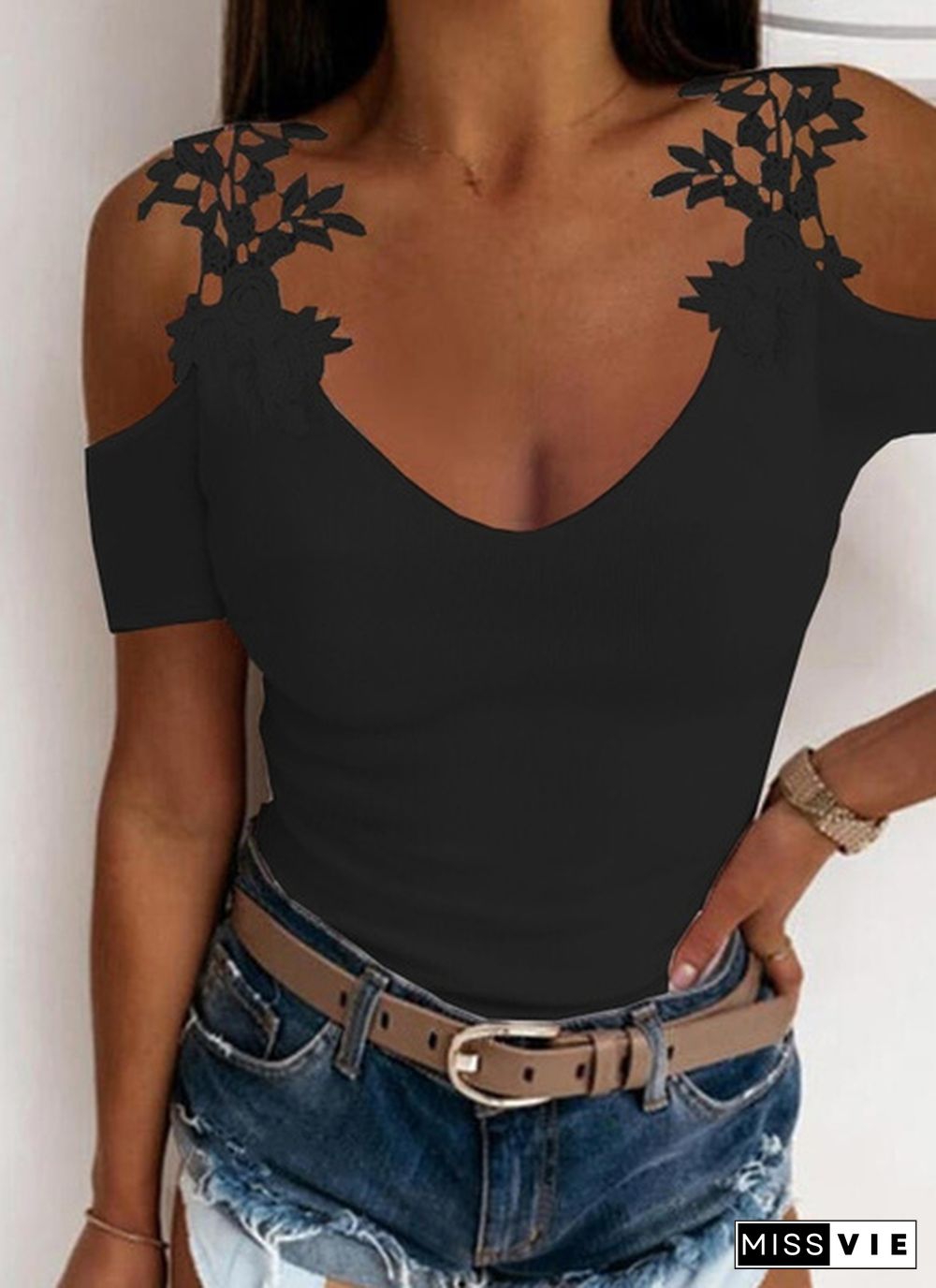 Women Fashion Plus Size Solid Color Lace Cold Shoulder Tops Casual Slim Fit Short Sleeves Shirt Deep V Neck Summer Tops