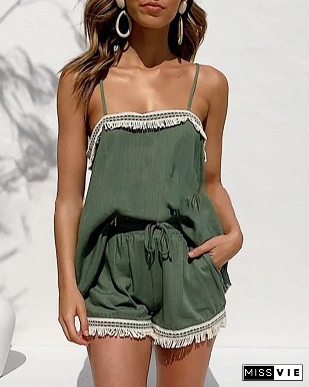 Spaghetti Strap Tassel Design Top & Shorts Set