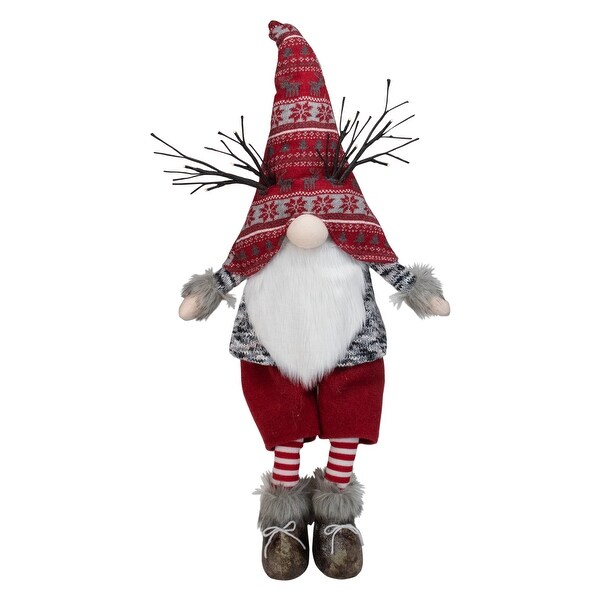 30 Red and Gray Fair Isle Sitting Gnome Christmas Figure with LED Antlers