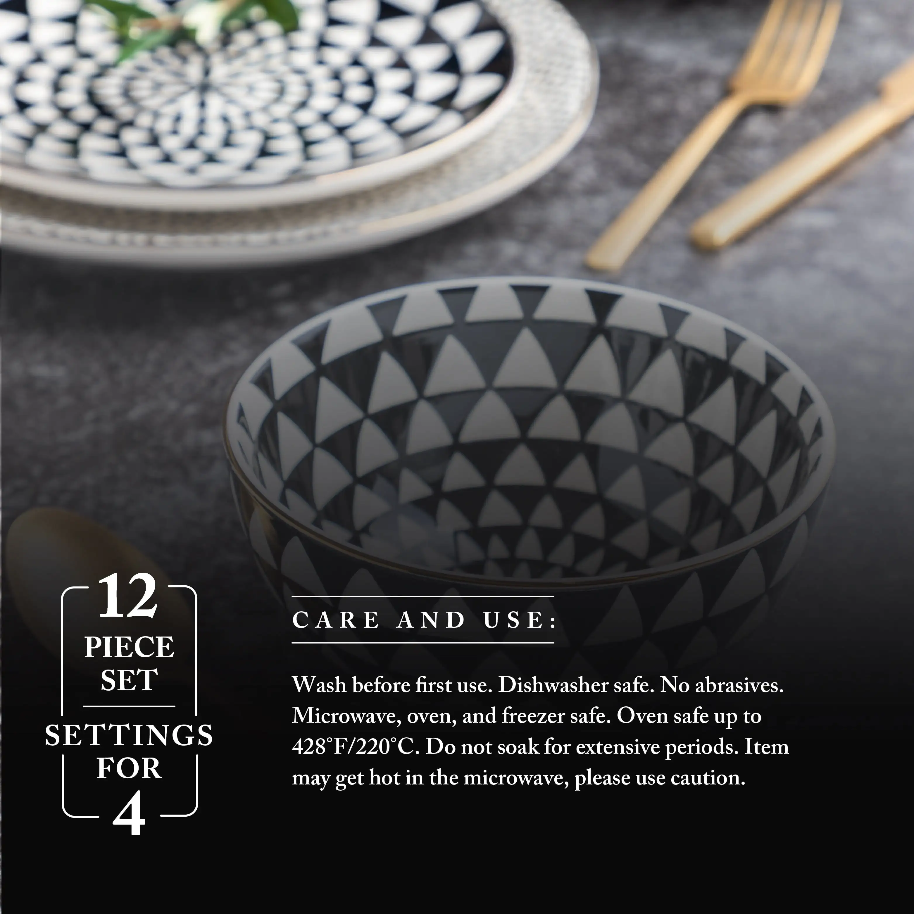 Thyme and Table Dinnerware Black and White Medallion Stoneware， 12 Piece Set