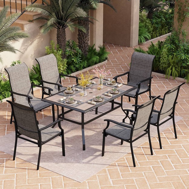 7pc Patio Dining Set With Faux Wood steel Table With Umbrella Hole amp Sling Arm Chairs Captiva Designs