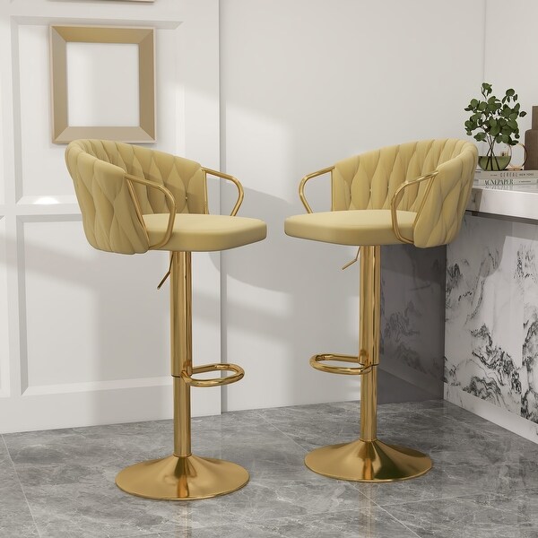 Set of 2 Bar Stool Adjustable Height Swivel Velvet Woven