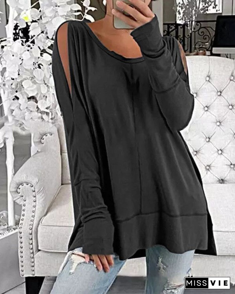 Solid Cold Shoulder Long Sleeves Casual T-shirts