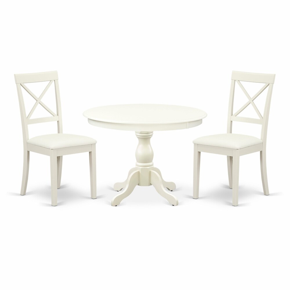 East West Furniture 3 Piece Dining Table Set  a Kitchen Table with Pedestal and 2 Dining Chairs(Finish   Seat Type Options)