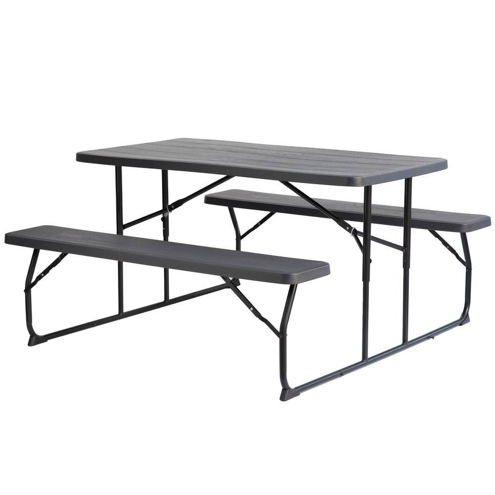 Gardenised Woodgrain Plastic and Steel Gray Outdoor Foldable Portable Picnic Table Set QI003910GY