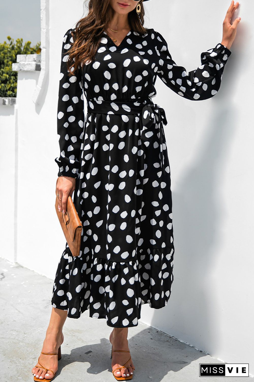 Dot Full Printed Longsleeves Split Lace-up Dress Wholesale