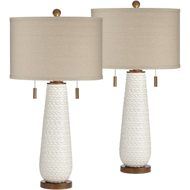 Tall Set Of 2 White Textured Ceramic Taupe Drum Shade For Bedroom Living Room Home