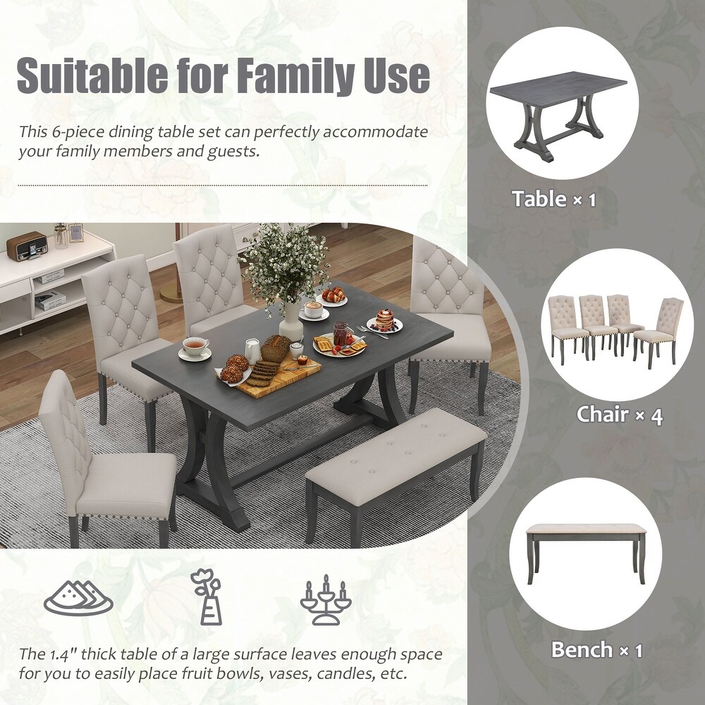 6 Piece Farmhouse Dining Table Set  Rectangular Trestle Table and 4 Upholstered Chairs   Bench for Dining Room