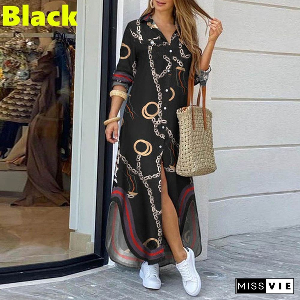 Fashion Women Summer Autumn Long Sleeve Turn-Down Collar Shirt Dresses Ladies Loose Printed Long Dresses Party Dresses