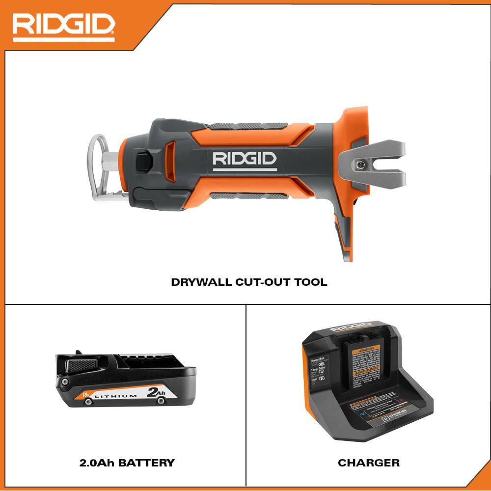 RIDGID 18V Cordless Drywall Cut-Out Tool Kit with Drywall Bits Collets Belt Hook 18V Lithium-Ion 2.0 Ah Battery and Charger R84730B-AC9302