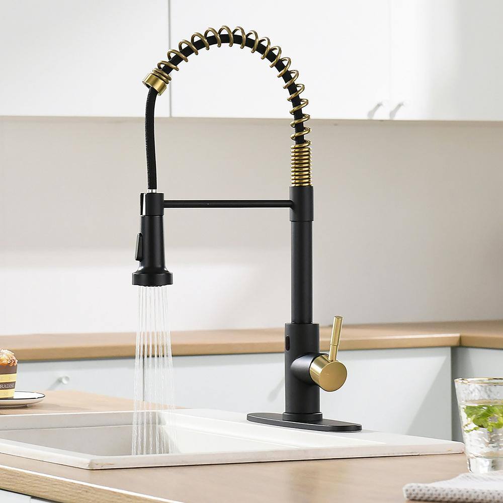 matrix decor Single Handle Touchless Pull Down Sprayer Kitchen Faucet with Deckplate in Black and Gold MD-ALIS1306BGD