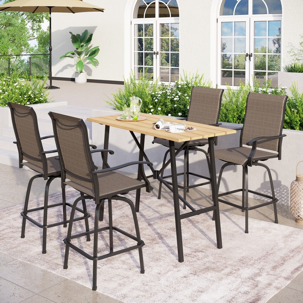 5 Piece Patio Bar Stool Set Wood grain Bar Table   Textilene Swivel Stools