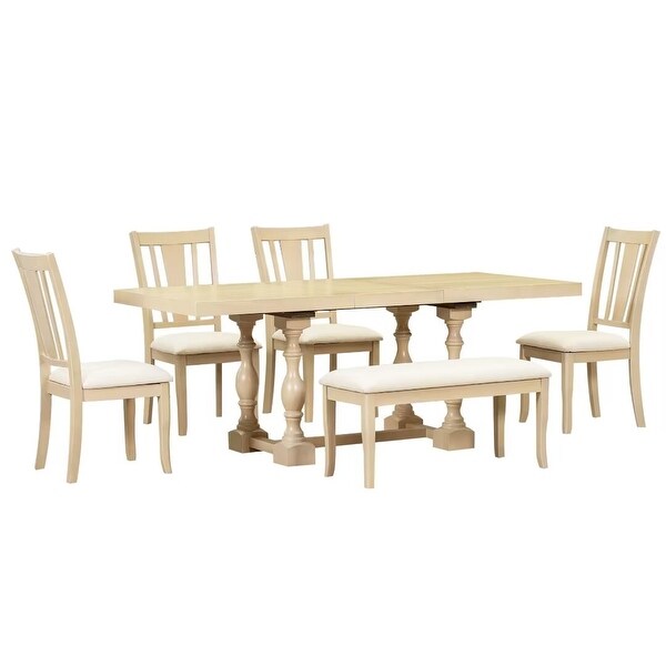 Extendable Dining Table Set with Removable Leaf，Padded Chairs and Bench