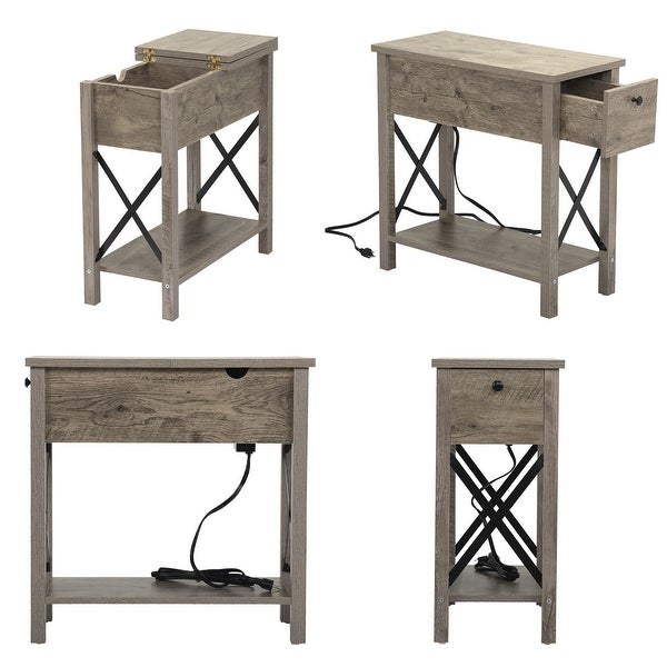 Flip Top End Table Charging Station Narrow Side Table with Drawer Gray