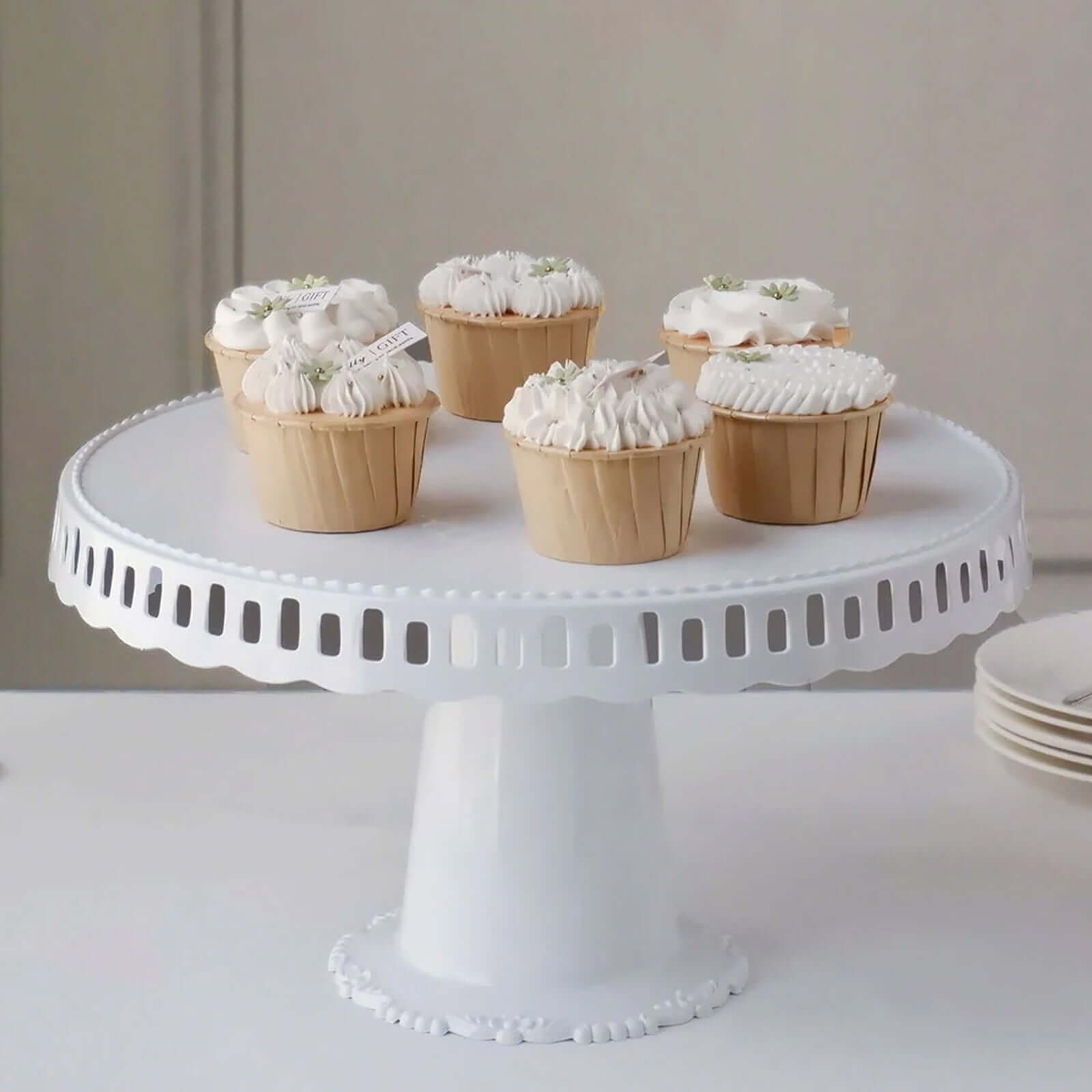 4 Pack White Round Pedestal Footed Reusable Plastic Cupcake Stands With Interchangeable Ribbon Trim Edge 13