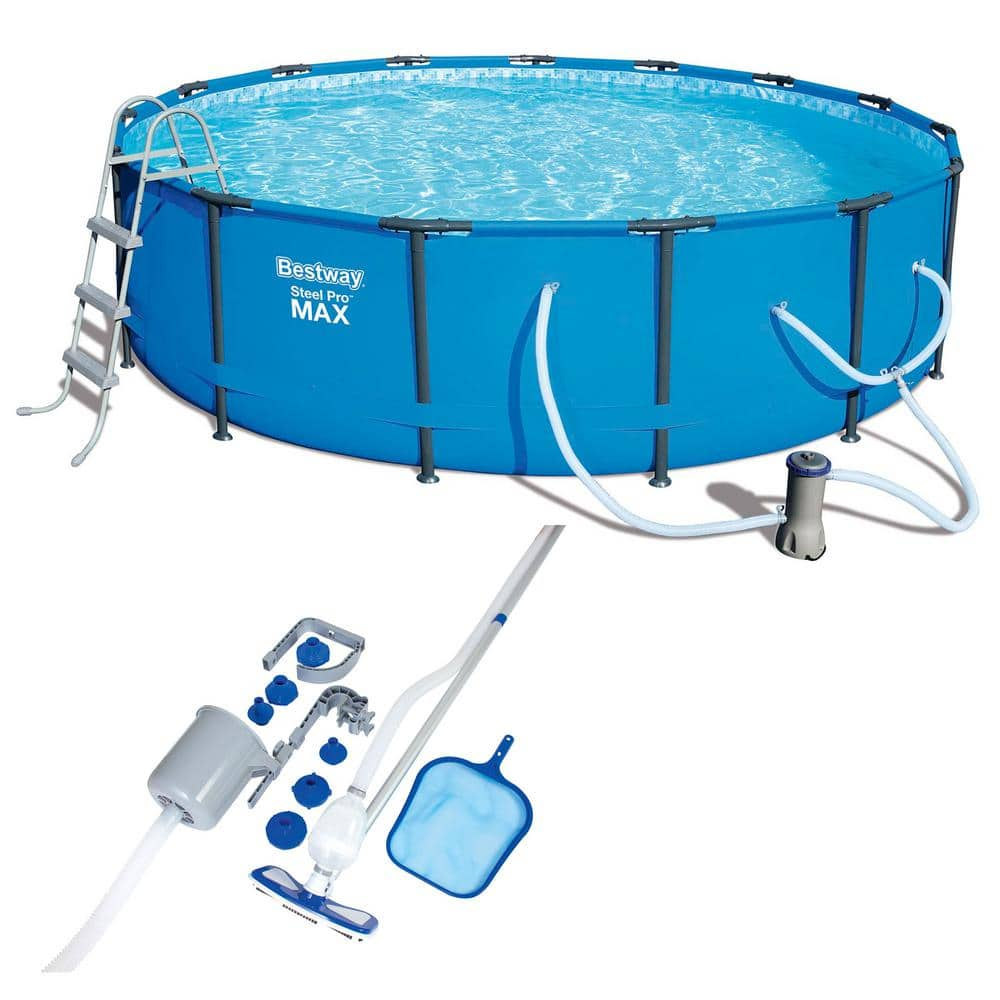 Bestway 15 ft. x 42 in. Steel Pro Max Round Frame Above Ground Pool with Accessories 56687E-BW + 58237E-BW