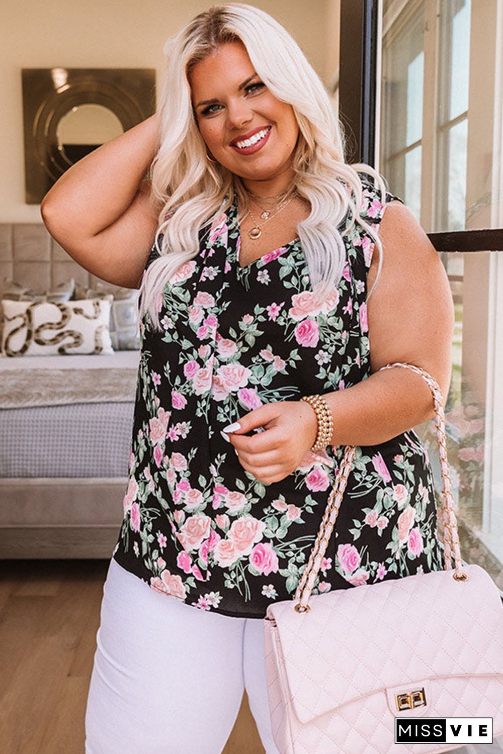 Black Plus Size Floral Print Ribbon V Neck Tank Top