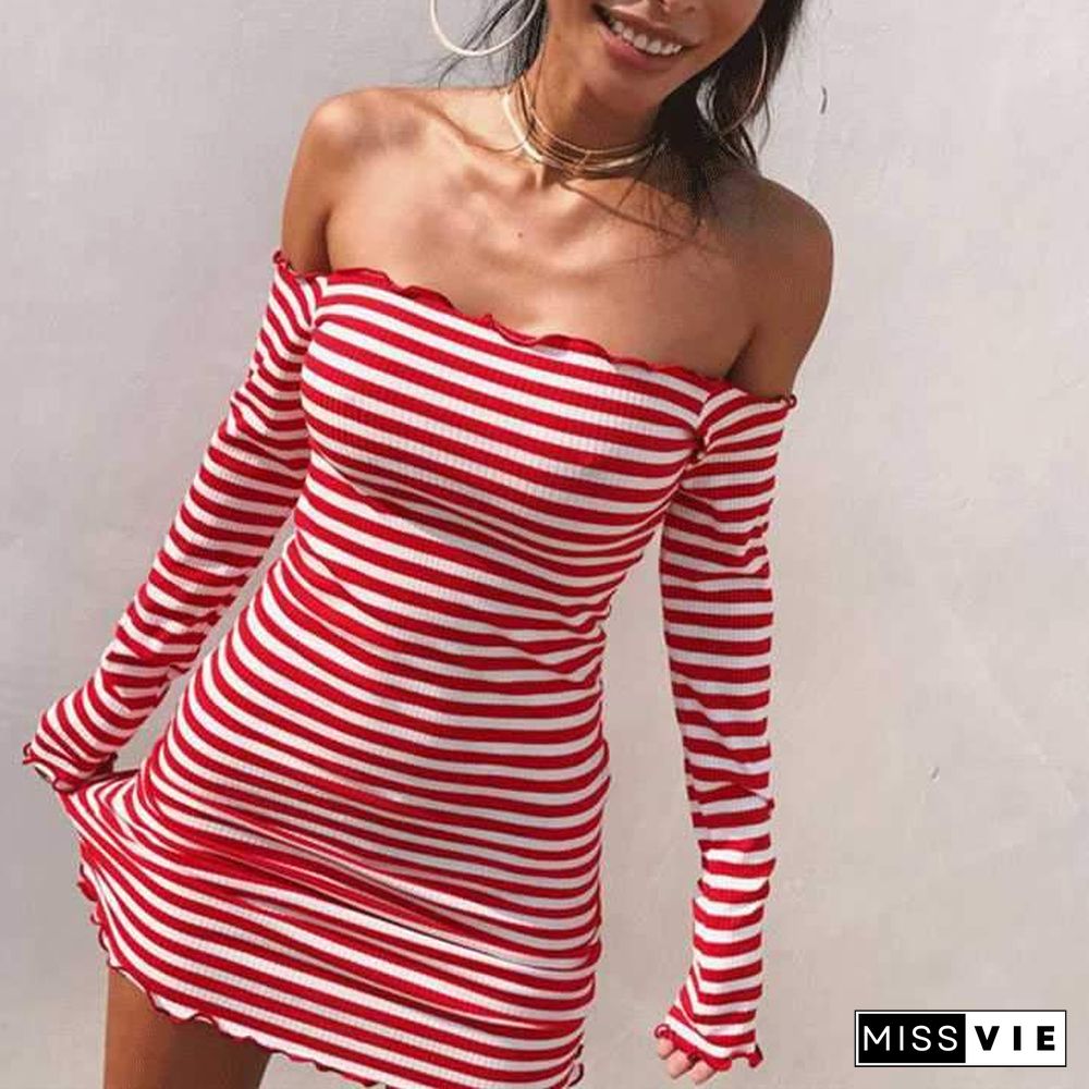 Stripe Ruffles Off Shoulder Bodycon Long Sleeve Tight Dress