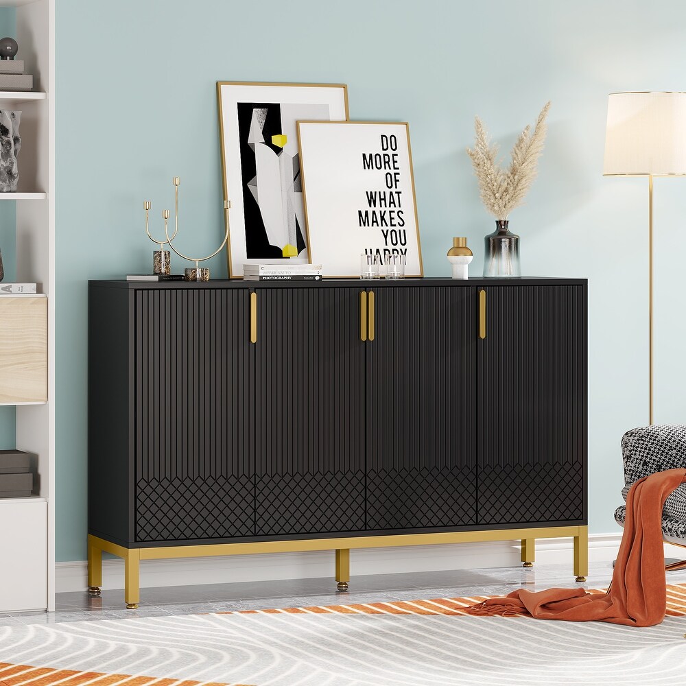 Modern Black Storage Cabinet  59 Inch Console Cabinet Sideboard Buffet Cabinet with3 Doors   Gold Metal Base