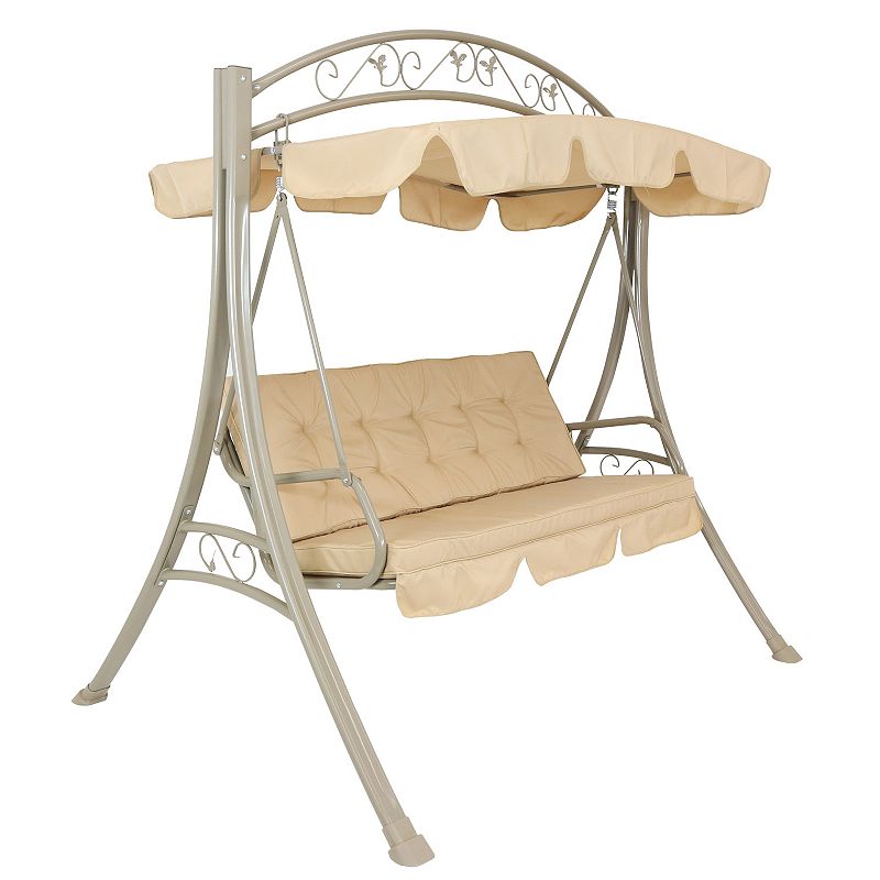 Sunnydaze 3-Person Steel Patio Swing Bench with Canopy/Cushion - Beige