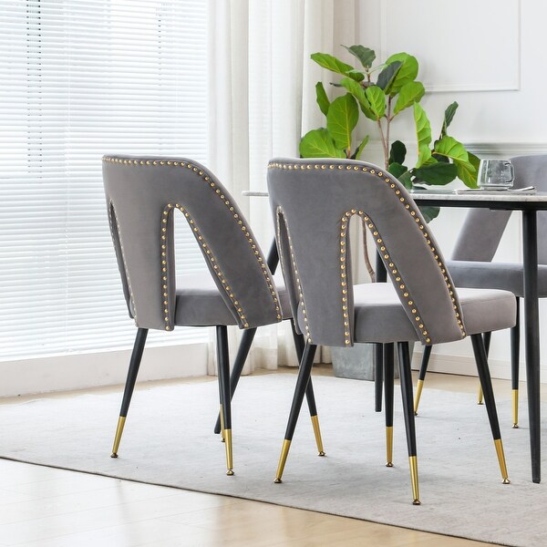 Modern | Contemporary Velvet Upholstered Dining Chair with Nailheads and Gold Tipped Black Metal Legs