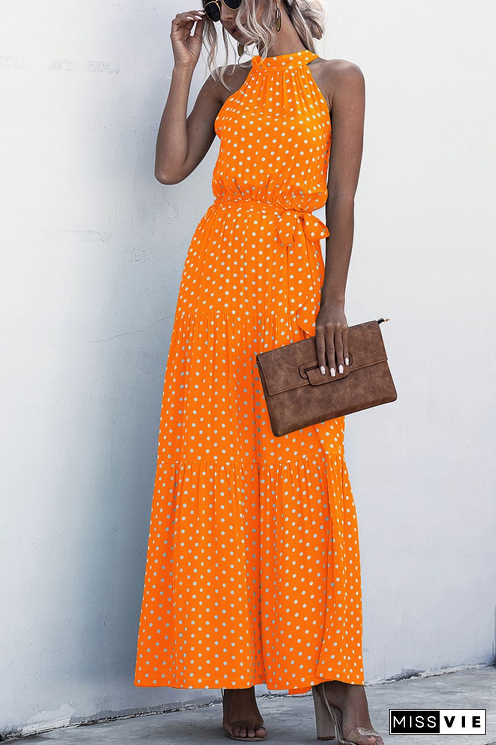 Halter Polka Dot Print Tie Waist Maxi Dress Wholesale