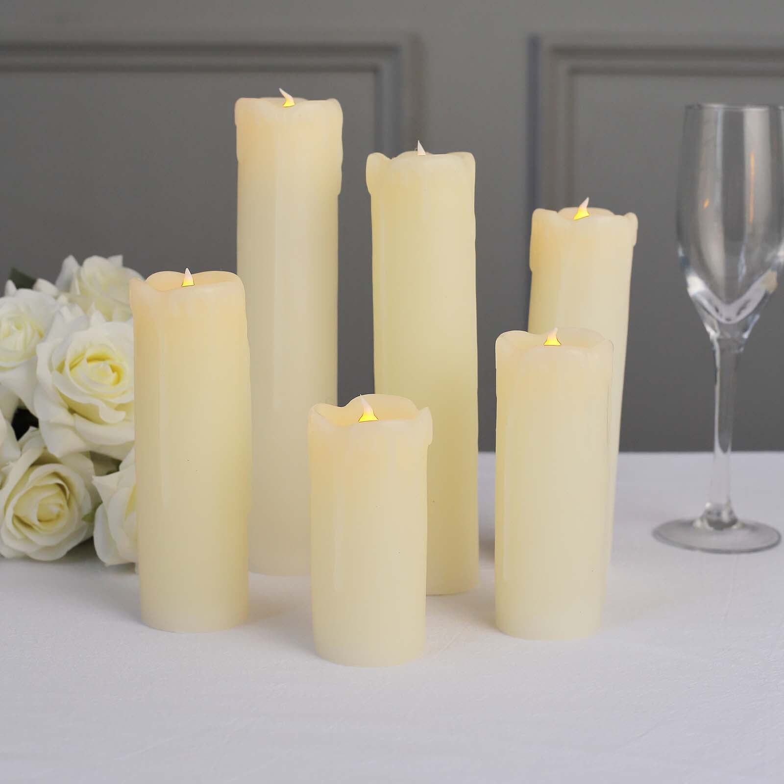 Set of 6 Warm White Flameless Flicker LED Drip Wax Pillar Candles, Battery Operated Luminaria Holiday Candles