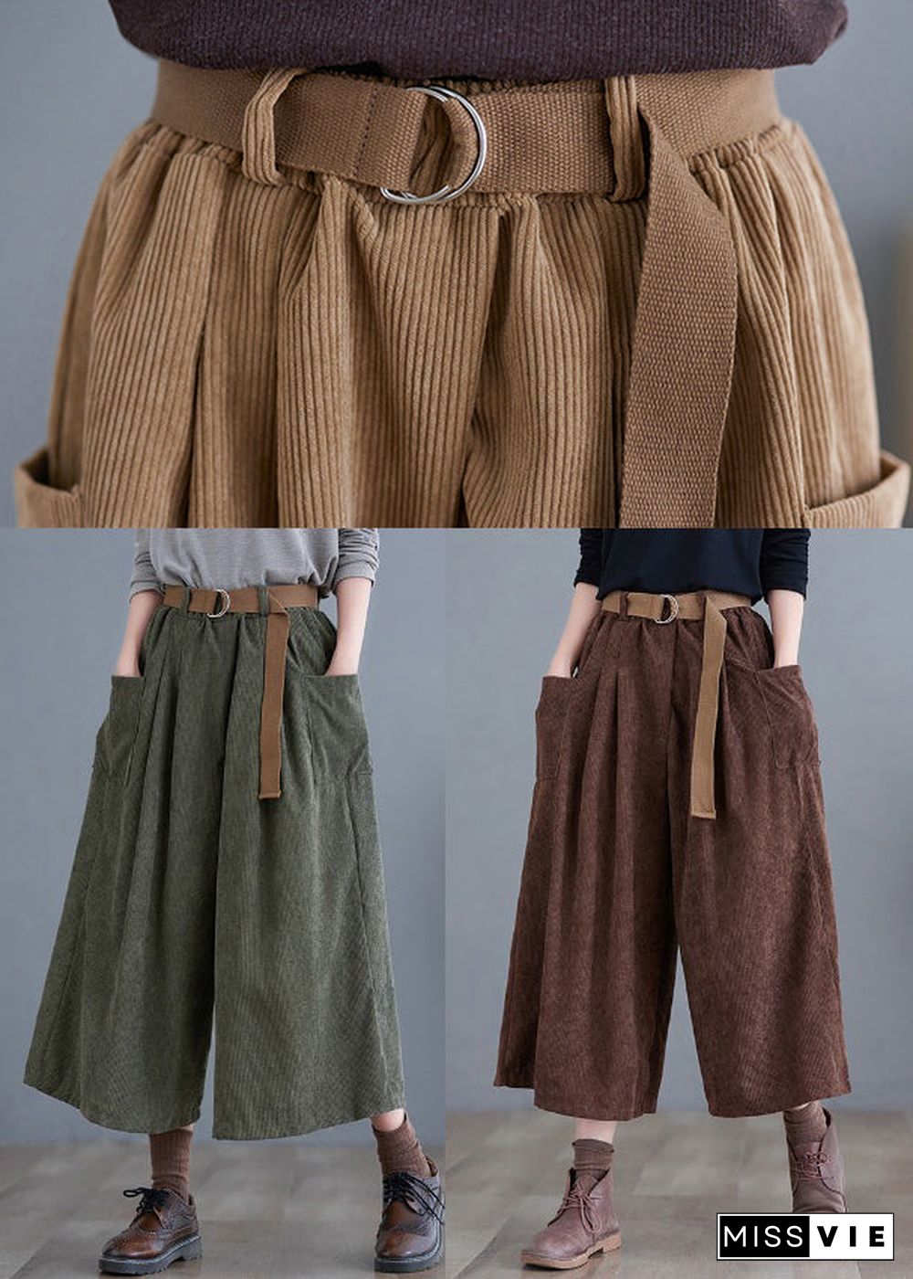 French Khaki Oversized Pockets Corduroy Pants Fall