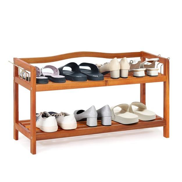 Tangkula Freestanding 2 tier Wood Shoe Rack Shelf Storage With 4 Metal Hanging Bars