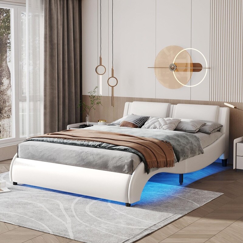 Full/Queen Size Upholstered Faux Leather Platform Bed with LED Light