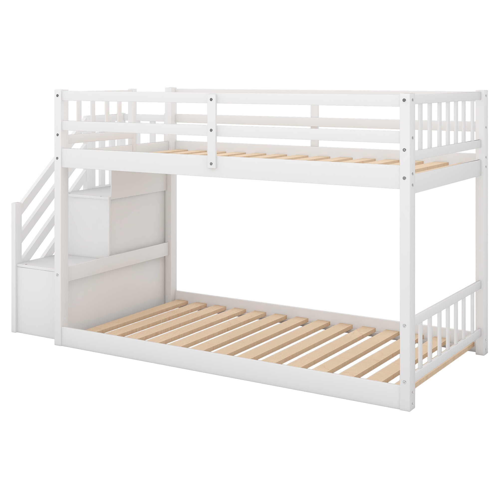 Euroco Wood Twin over Twin Floor Bunk Bed with Stairs for Kids Room, White