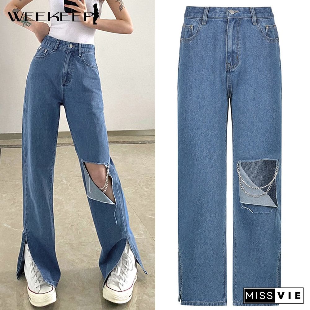 Weekeep Vintage Gothic Cut Out Holes Chain Straight Jeans Women Split High Waist Long Denim Pants Summer Casual Streetwear