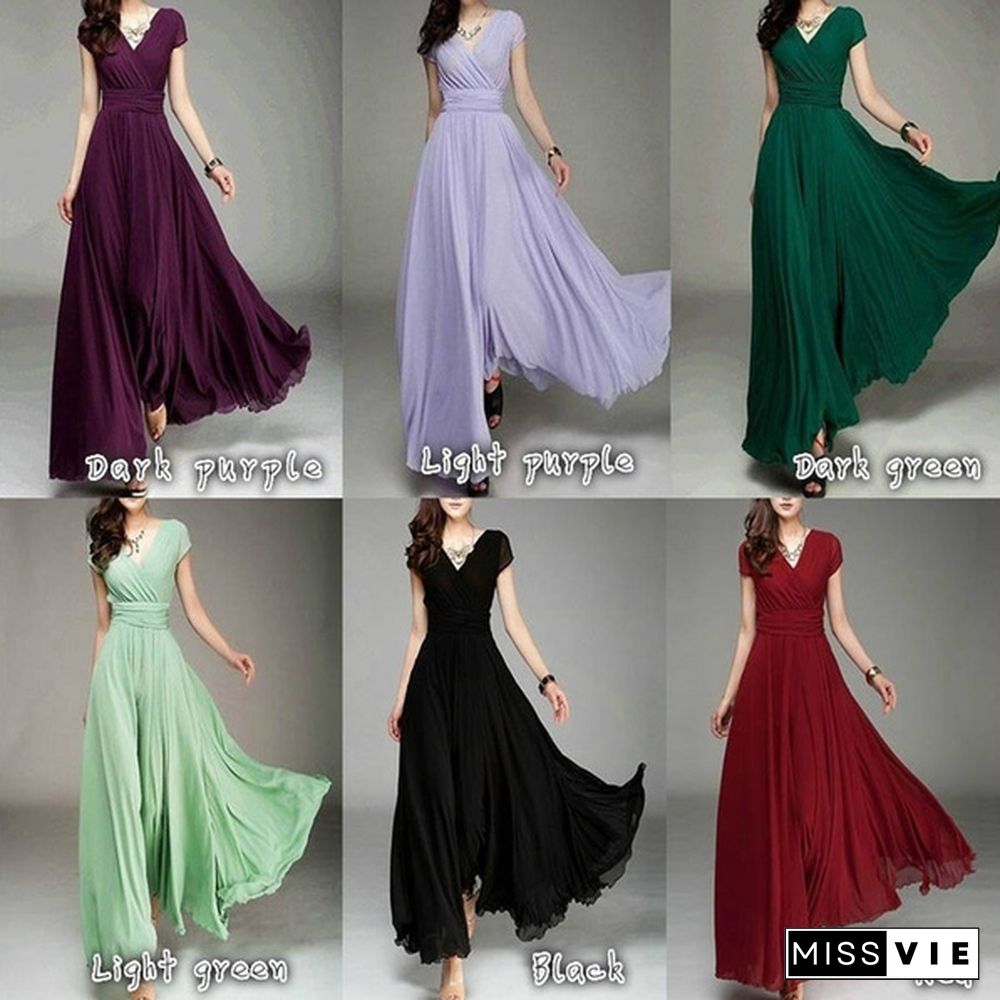 Women's Fashion Spring Summer Autumn Bohemian Maxi Dress Beach Evening Dress V-neck Sexy Women Summer Boho Long Dress Evening Party Prom Dress Sundress Chiffon Dress Plus Size S-3XL