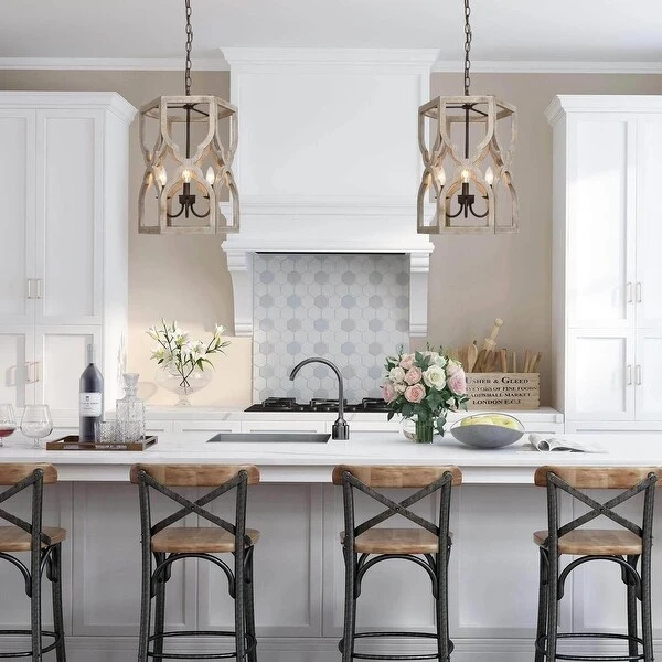 Modern Farmhouse 3-Light Wood Chandelier French Country Cylinder Island Light for Dining Room - D 14