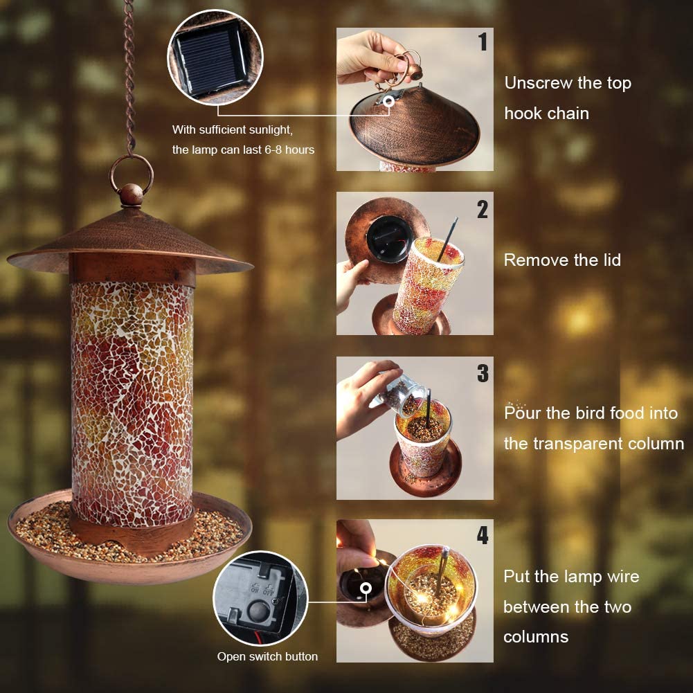 Solar Bird Feeders for Outdoor Hanging， Premium Metal Hummingbird feeders， Waterproof Wild Bird Feeder with Light for Feeding， Unique Retro Bird Feeders for Bird Lovers (Mosaic Copper)