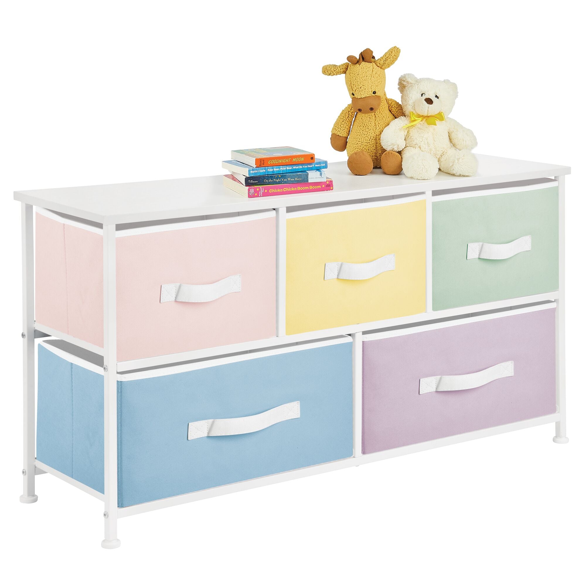 mDesign Wide Steel Frame/Wood Top Storage Dresser Furniture with 5 Fabric Drawers, Large Bureau Organizer for Baby, Kid, and Teen Bedroom, Nursery, Playroom, Dorm - Jane Collection, Bright/Multi