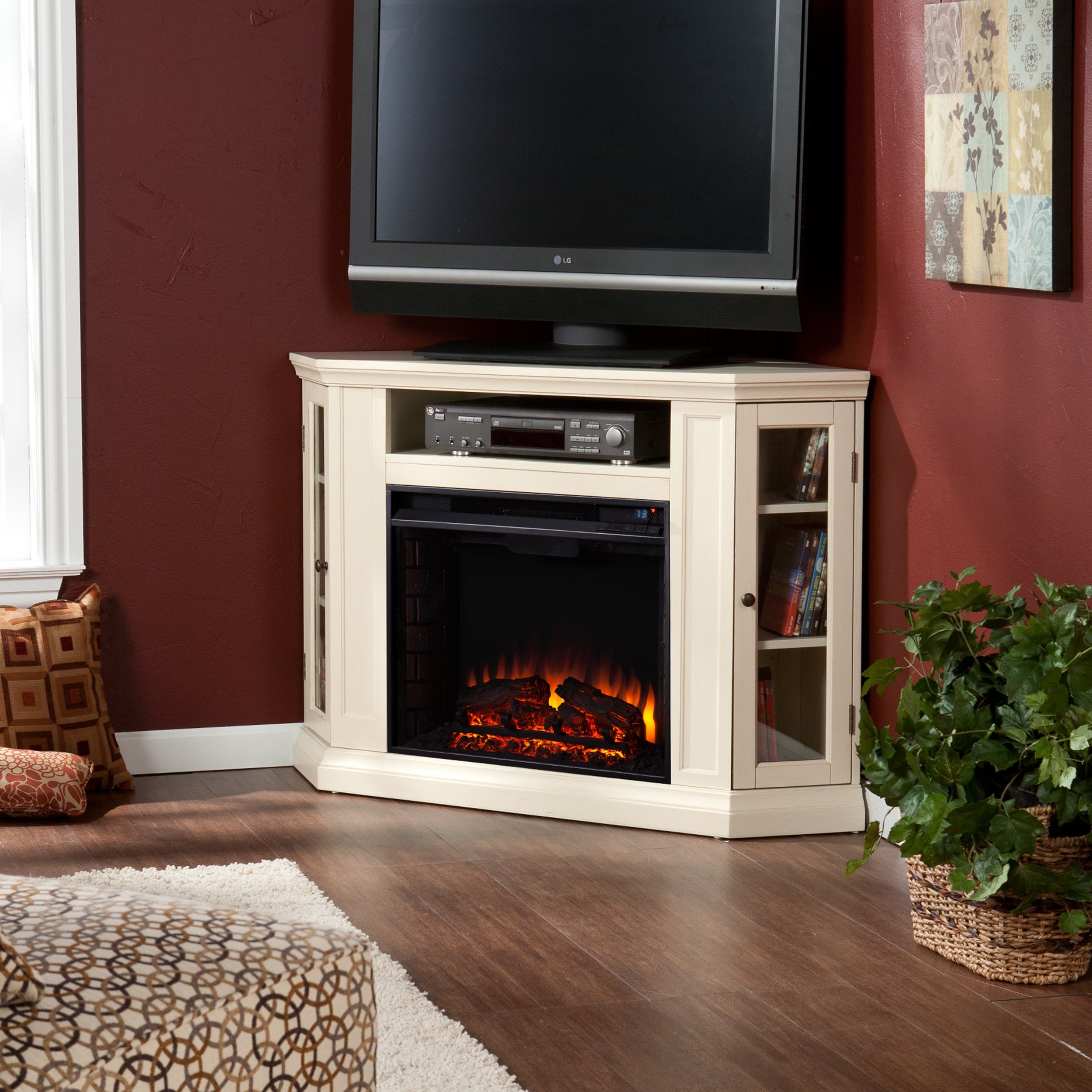 SEI Clarrie Transitional style Convertible Media Electric Fireplace in Ivory Finish