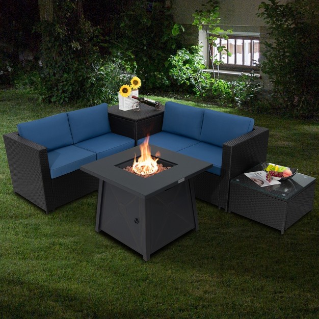 Tangkula 5 piece Outdoor Patio Furniture Set With 50 000 Btu Propane Fire Pit Table Patio Conversation Set W Cushions Storage Box Coffee Table