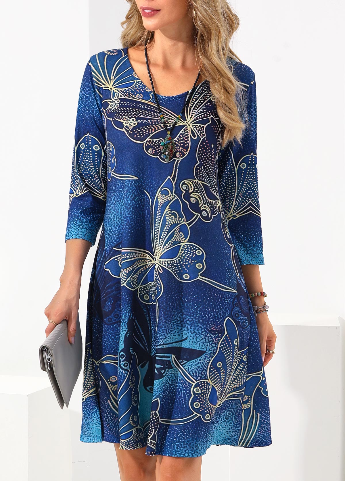 Butterfly Print 3/4 Sleeve Blue Dress