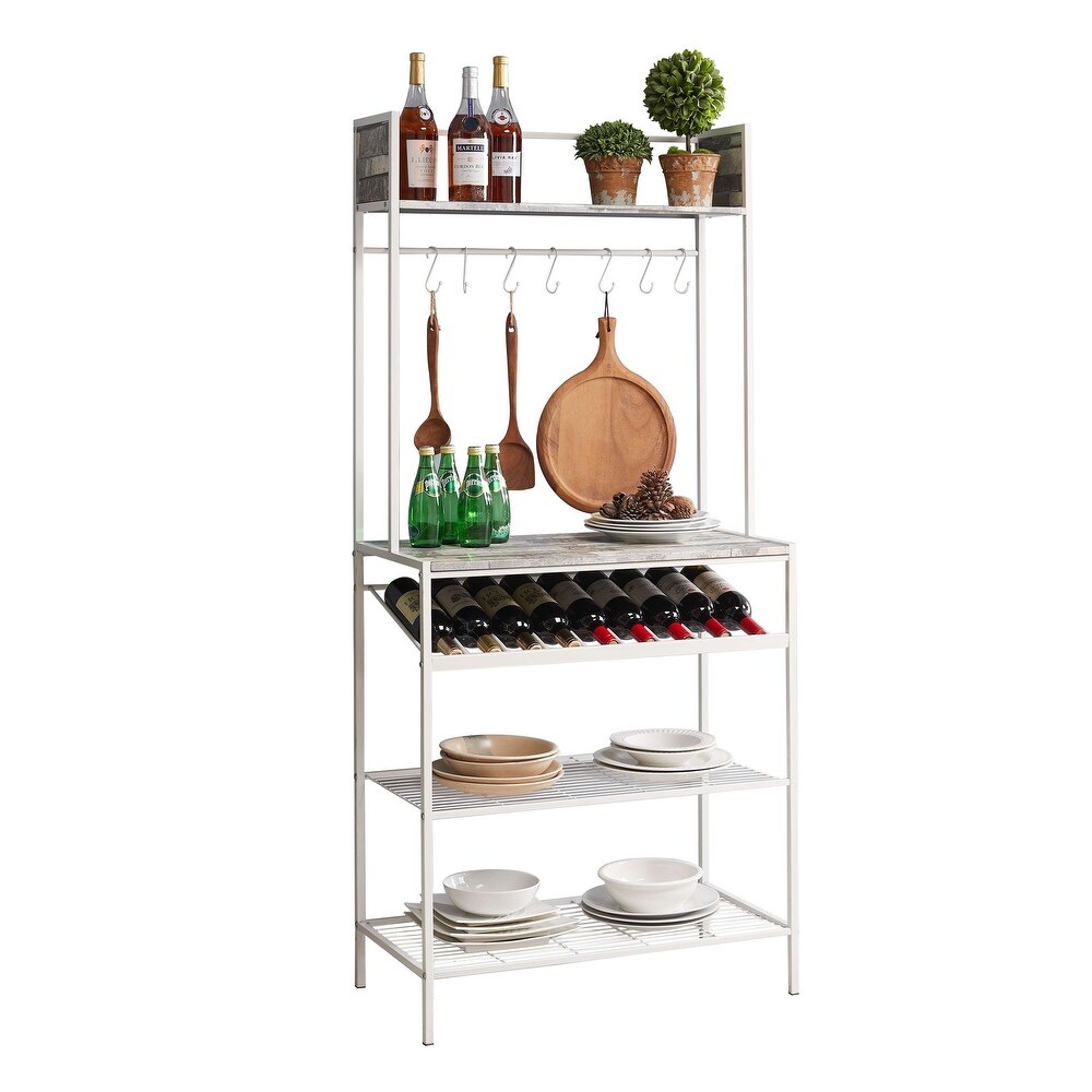 Bakers Rack with Storage Shelfs  Wine Rack and Hooks   White/Gray