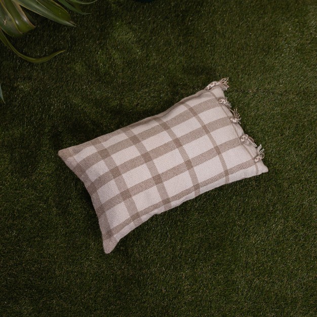 Taupe Plaid 14x22 Hand Woven Filled Outdoor Pillow Foreside Home amp Garden