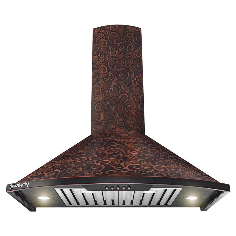 AKDY 30 in Convertible Wall Mount in Embossed Copper Vine Design Kitchen Range Hood with Lights